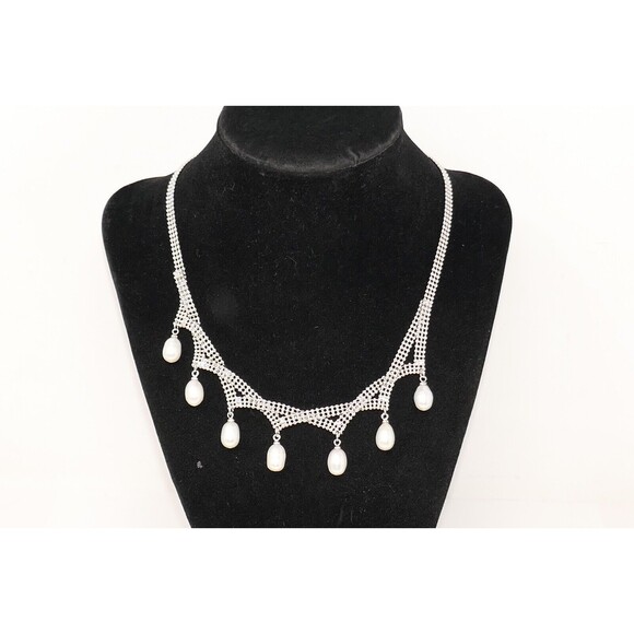Silver Tone 16.5" Necklace with Dangling Pearls - Picture 2 of 7